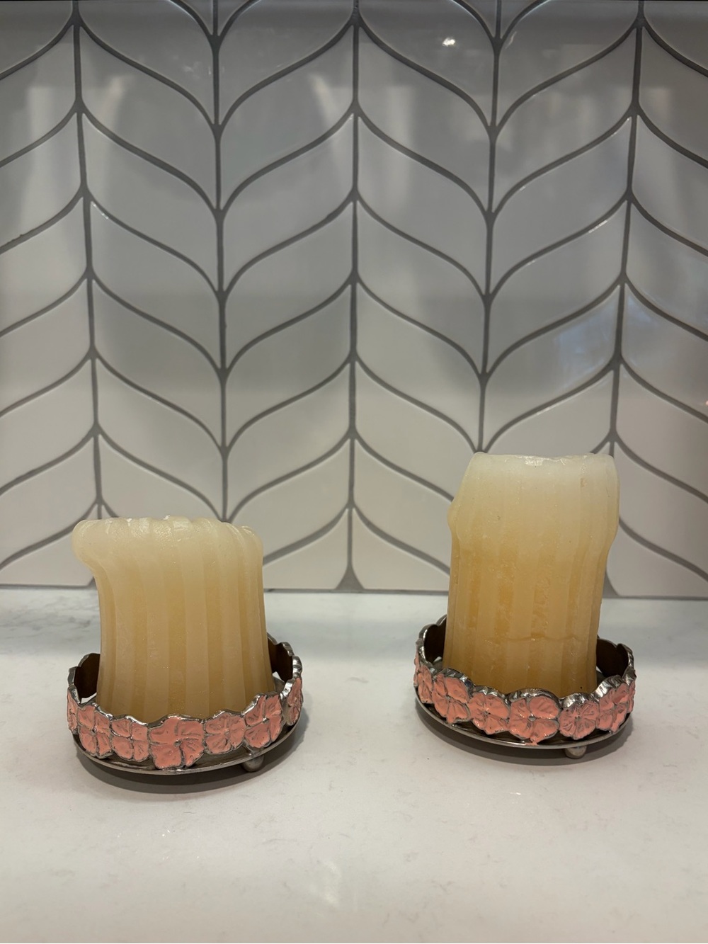 Pair of Pink Floral and Silver Metal Pillar Candle Holder